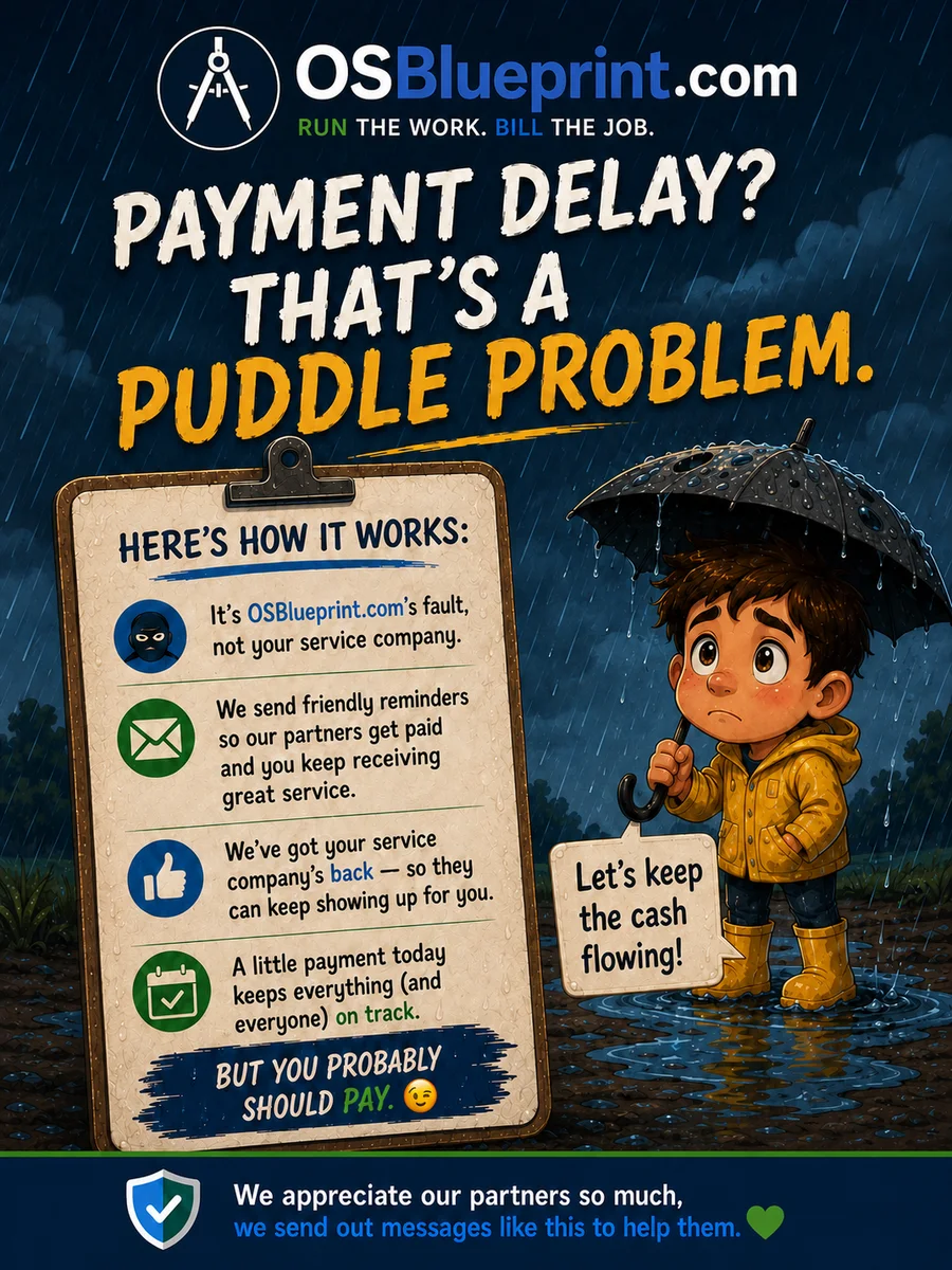 A friendly illustrated OSBlueprint.com payment reminder shown as a printed communication card