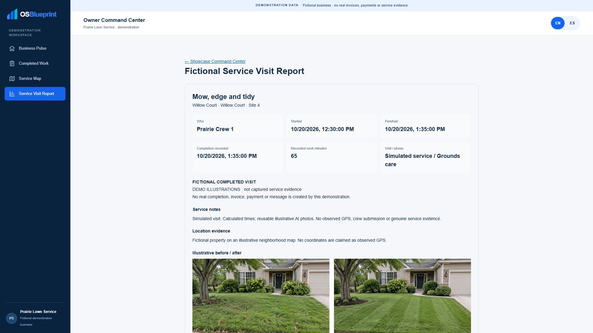 Fictional OSBlueprint Service Visit Report showing crew, start and finish timestamps, service notes and before-and-after lawn photographs.